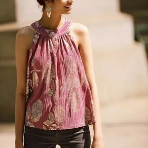Feather Bone by Anthropologie Halter Tank Top  Pink Rose Metallic Gold , Large